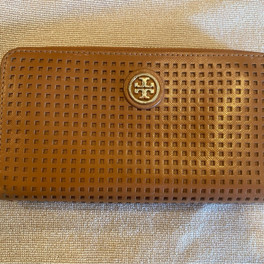 Tory Burch Tan Perforated Zip Wallet